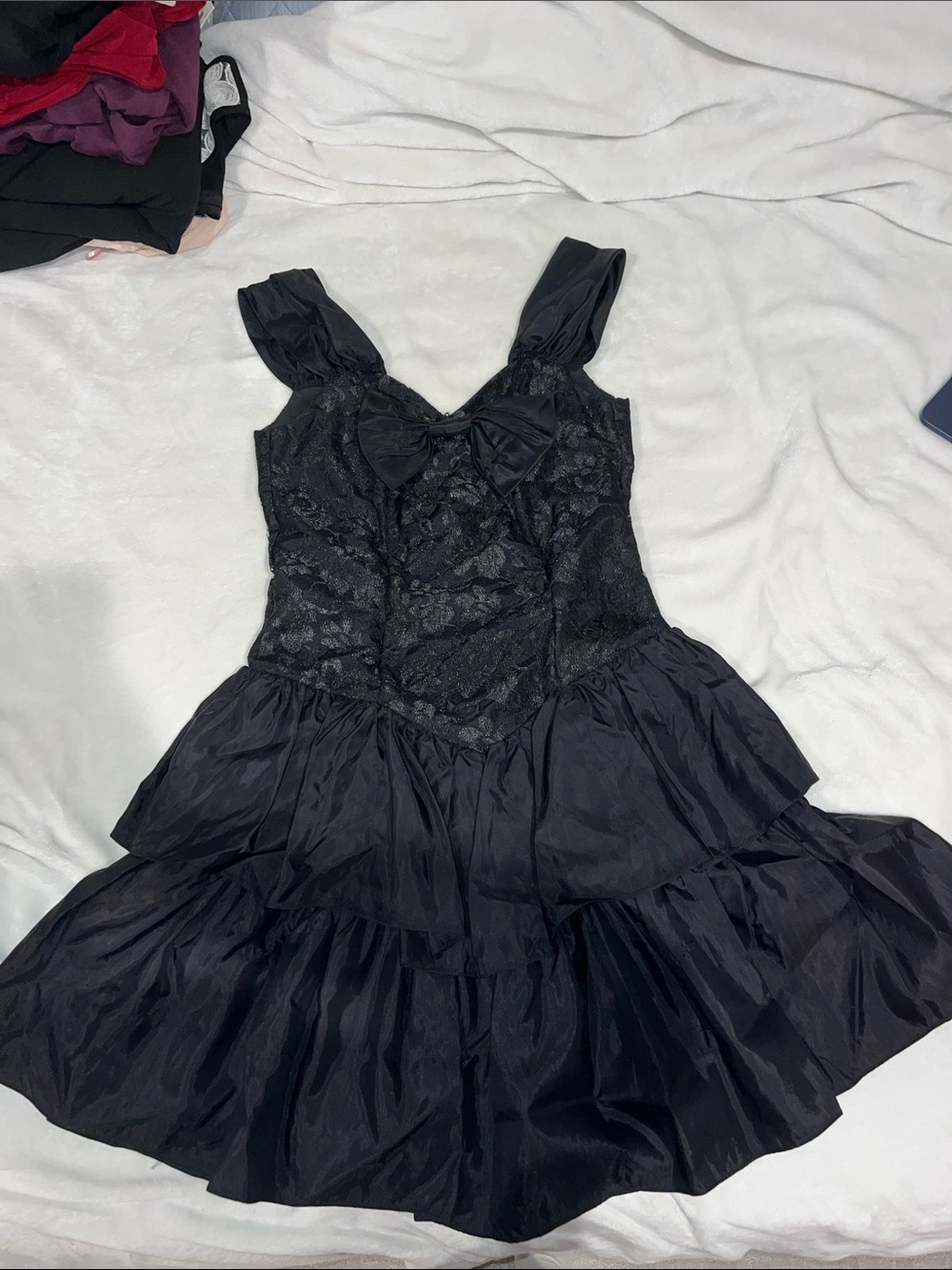 Black Lace & Tiered Mini Dress with Bow Accent